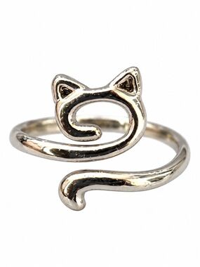 Cat Wrap Ring Open Adjustable Kitty Tail Silver Tone Fashion Jewelry